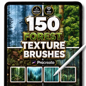 150 pennelli con texture forestali per Procreate / Set realistico di natura, alberi, pinete, giungla e paesaggi
