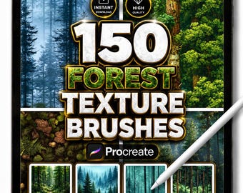 150 pennelli con texture forestali per Procreate / Set realistico di natura, alberi, pinete, giungla e paesaggi