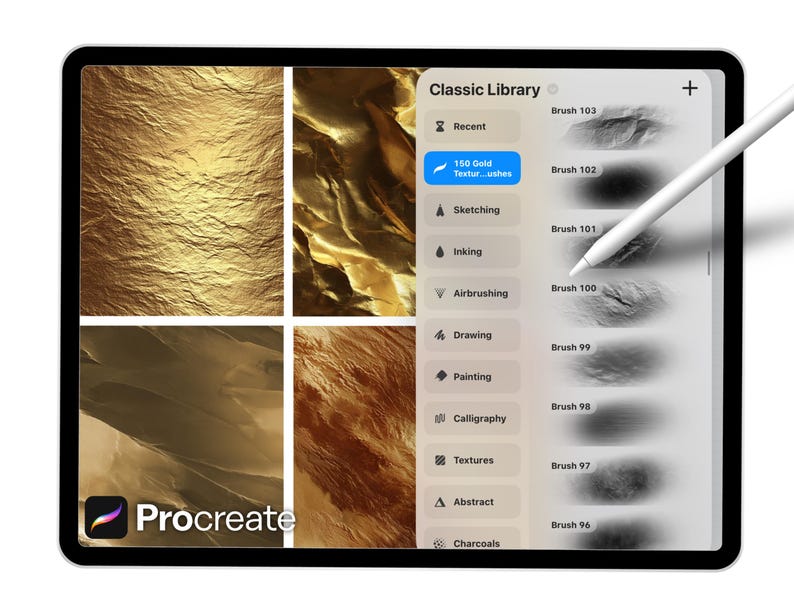 150 Gold Texture Brushes for Procreate – Metallic Foil, Shimmer ...
