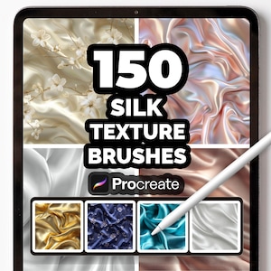 Peut inclure: Une tablette numérique affiche une collection de pinceaux de texture de soie pour Procreate. L'écran affiche le texte "150 SILK TEXTURE BRUSHES" en lettres blanches en gras. L'image présente diverses textures de soie en or, bleu et turquoise.