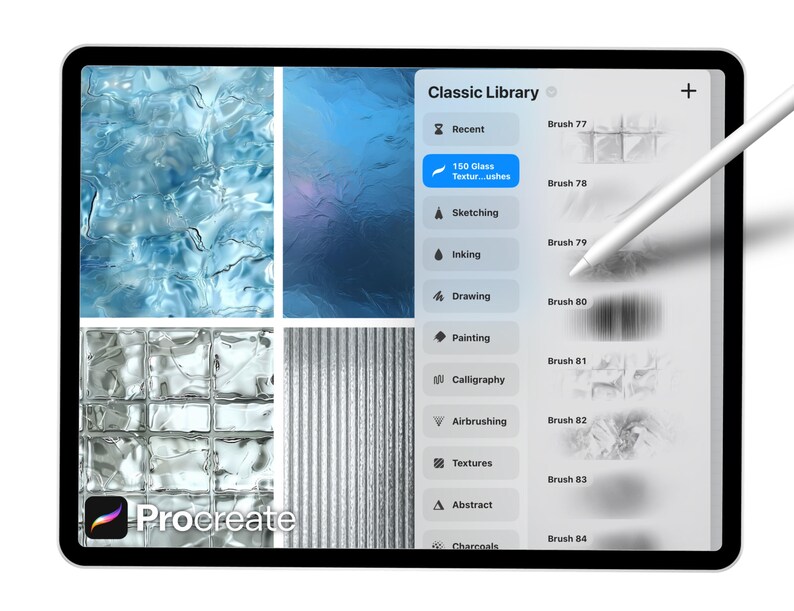 Pode incluir: Um tablet digital exibindo a interface do aplicativo Procreate. A tela mostra v&aacute;rias texturas e op&ccedil;&otilde;es de pinc&eacute;is, incluindo "150 Glass Texturushes". Uma caneta branca paira sobre a tela, sugerindo a cria&ccedil;&atilde;o de arte digital. O logotipo do aplicativo &eacute; vis&iacute;vel.