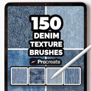 Puede incluir: Una tableta digital muestra 150 pinceles de textura de mezclilla para Procreate. La pantalla presenta varios patrones de mezclilla en tonos azules, con un lápiz óptico blanco. El texto "150 DENIM TEXTURE BRUSHES" se muestra. Ideal para artistas digitales.