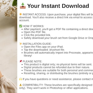 May include: An iPad displaying a digital brush library with various brush stroke examples. The image includes text about instant downloads, installation, and compatibility with the Procreate app.