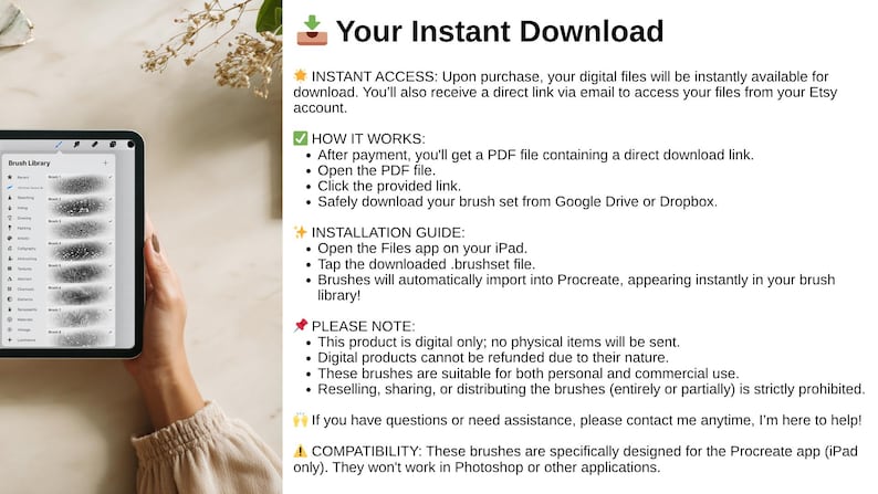 May include: An iPad displaying a digital brush library with various brush stroke examples. The image includes text about instant downloads, installation, and compatibility with the Procreate app.
