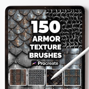 Puede incluir: Una tableta digital muestra una imagen promocional de 150 pinceles de textura de armadura para Procreate. La imagen presenta varias texturas de armadura, incluyendo cota de malla y armadura de placas, con un lápiz apuntando a la pantalla. El texto dice "150 ARMOR TEXTURE BRUSHES".