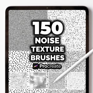 Może przedstawiać: Cyfrowy tablet wyświetla różnorodne pędzle do tekstur szumu. Ekran zawiera tekst "150 NOISE TEXTURE BRUSHES" z logo Procreate. Biały rysik jest umieszczony na ekranie, prezentując narzędzia do sztuki cyfrowej.