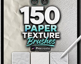 Puede incluir: Una tableta digital muestra un gráfico para 150 pinceles de textura de papel para Procreate. El diseño presenta el número 150 en fuente blanca grande, con las palabras "PAPER TEXTURE Brushes" debajo. Se muestran tres ejemplos de textura de papel.
