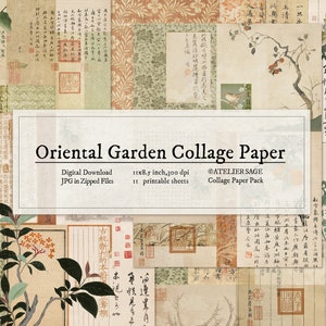 Oriental Garden Digital Collage Paper, Digital Asian Paper, Junk Journal Paper, Ephemera Papers,Tags, Printable for Journal and Scrapbook
