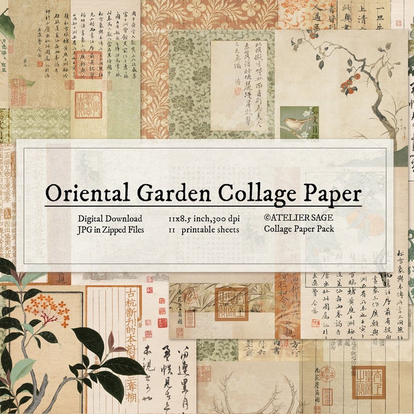 Oriental Garden Digital Collage Paper, Digital Asian Paper, Junk Journal Paper, Ephemera Papers,Tags, Printable for Journal and Scrapbook