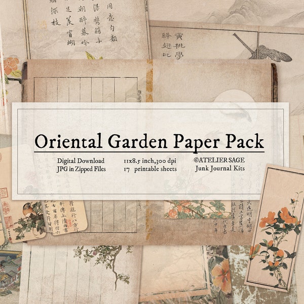 Oriental Garden Journal Pages, Antique Asian Paper, Vintage Ephemera, Digital Junk Journaling Set Scrapbooking, Antique Collage Sheet