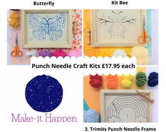 Trimits Punch Needle Frame DIY Craft Kit - Colourful Butterfly, Bee, Rainbow - Beginners Friendly - Children & Adult Crafts - Perfect Gift