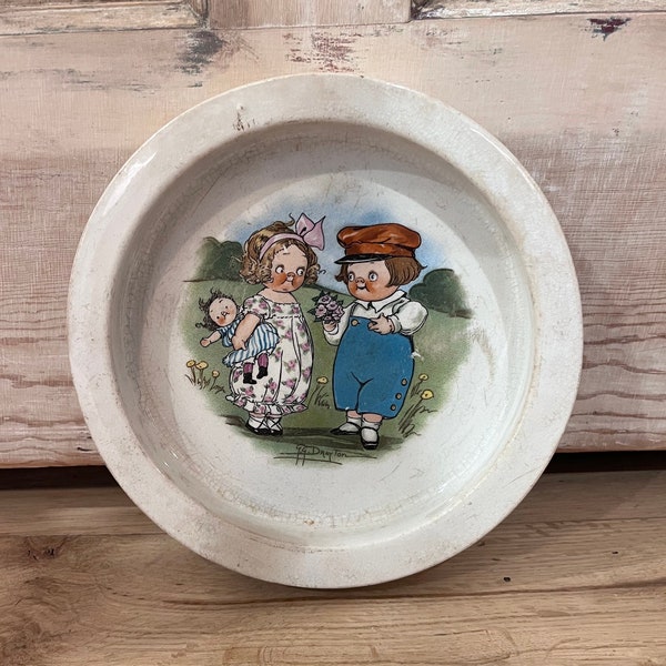 Child's Dish Grace Drayton Buffalo Pottery Staining Crazing