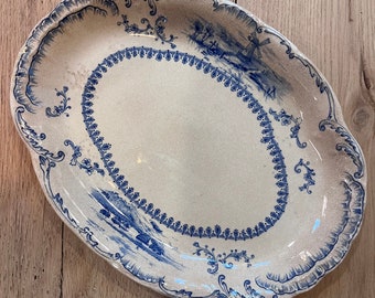 Delft Oval Serving Platter Ridgways Royal Semi Porcelain England Staining Crazing