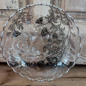 Footed Glass Bowl Silver Overlay Vintage Flanders Poppy Floral Design
