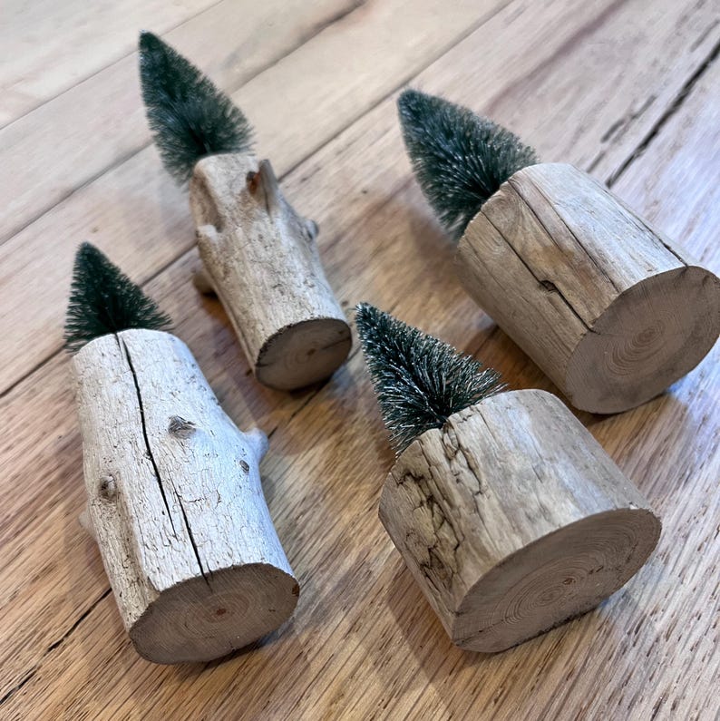 4 Bottle Brush Christmas Trees Natural Wood Bases Farmhouse Christmas