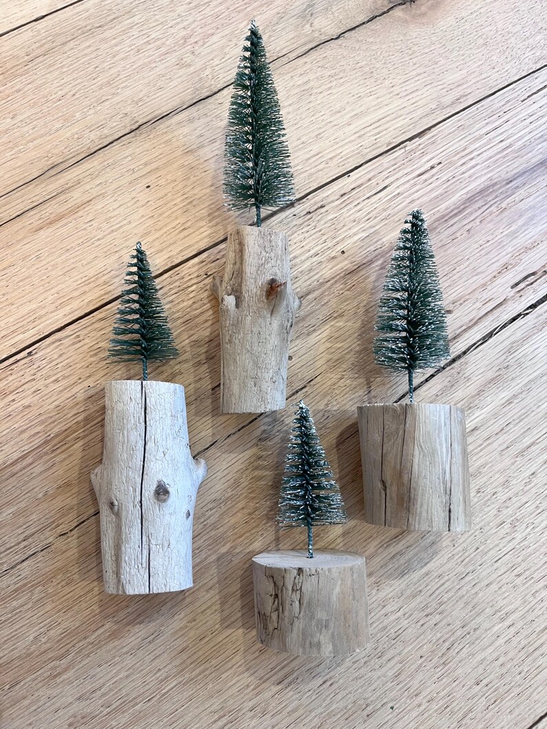 4 Bottle Brush Christmas Trees Natural Wood Bases Farmhouse Christmas