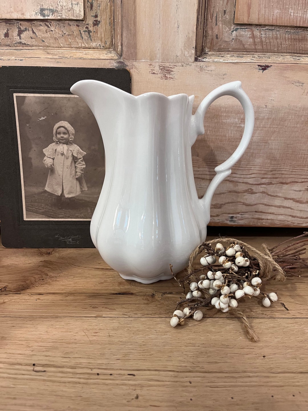 White Fluted Pitcher Godinger Porcelain Farmhouse Decor Etsy