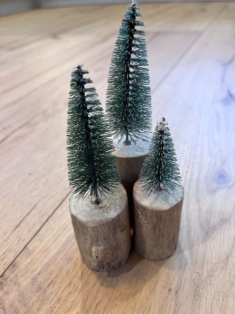 3 Bottle Brush Christmas Trees Natural Wood Bases Farmhouse Christmas