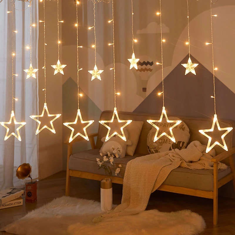 Electric Star Curtain Lights on Clear Wire, 128 Lights