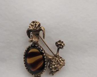 Broche vintage de caniche Jelly Belly de los años 60 / Cristal de imitación de ojo de tigre