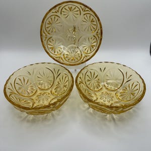 Vintage Anchor Hocking "Star & Cameo" mönster bärnstensfärgad glasskålset - 3