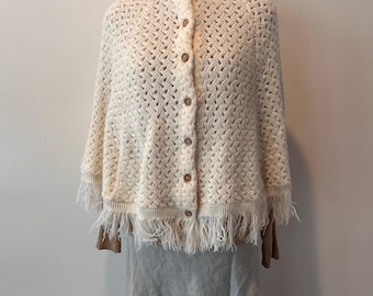 Vintage 1970s Ivory Knit Cape Cardigan Fringe Boho Style | May Knitting Co. |