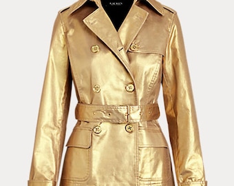 Ralph Lauren Gold Metallic Belted Trench Jacket | Y2K Glam Designer Statement Coat | Runway Style Metallic Jacket | Size LP