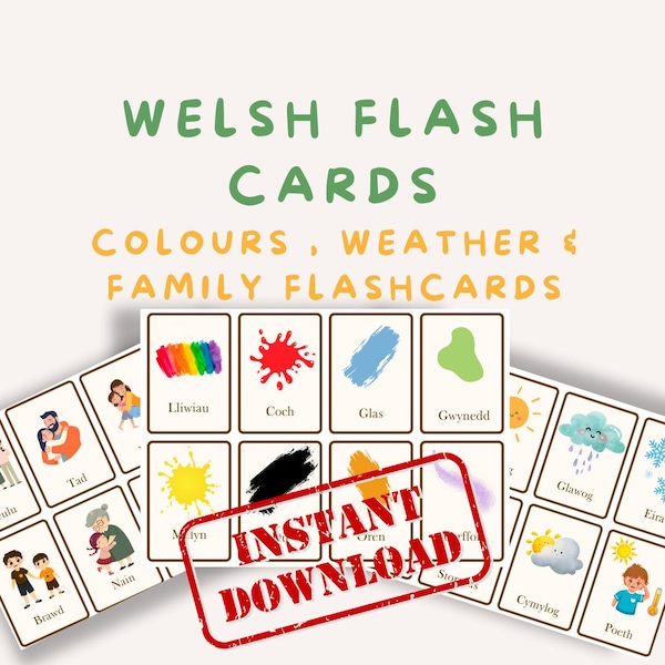 Tarjetas didácticas descargables de galés: colores, clima y familia