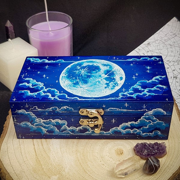 Full Moon Crystal & Tarot Storage Box | Hand Painted Wicca Witch Chest, Space Galaxy Stars Storage Keepsake, Travel Altar, Jewellery Box UK