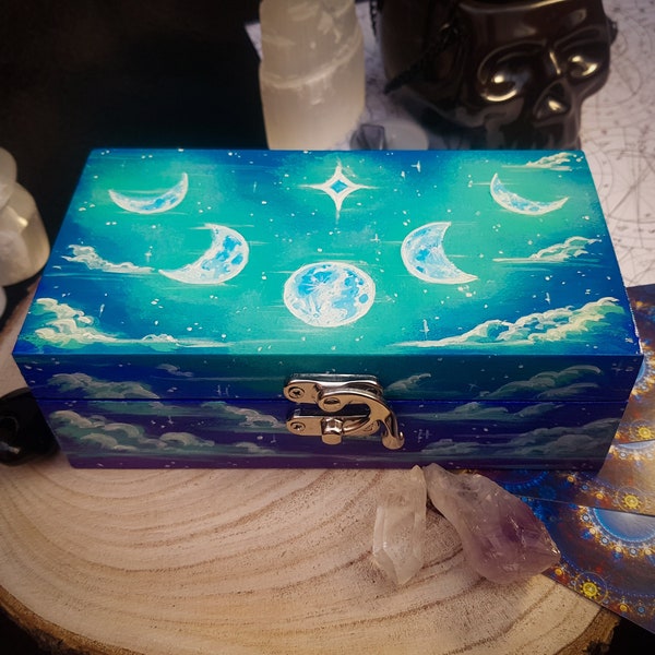 Many Moons Crystal & Tarot Storage Box | Hand Painted Jewellery Box, Wicca Witch Chest, Space Galaxy Stars Storage Keepsake, Travel Altar UK