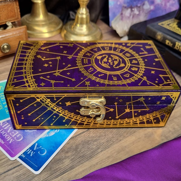 Zodiac Personalised Jewellery Box | Crystals and Tarot Storage, Wiccan Witch Purple Space Chest in Boho Style, Astrological Gift Made in UK