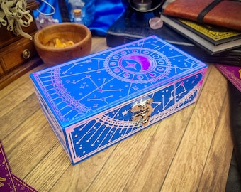 Holographic Moon Jewellery Box in Blue - Iridescent Tarot Crystal Storage with Vinyl Celestial Design