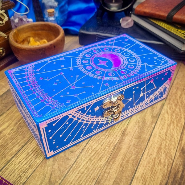 Celestial Moon Personalised Jewellery Box | Crystals and Tarot Storage, Wiccan Witch Space Chest, Iridescent Zodiac Storage Boho Keepsake UK