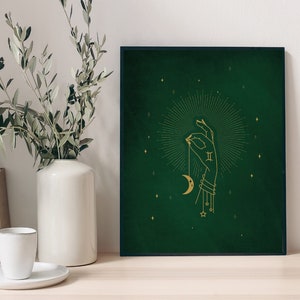 Astrologische Himmlische Tarot-Wand-Kunst-Druck | Sternzeichen Poster | Dunkelgrüne spirituelle Hexen Wand Dekoration