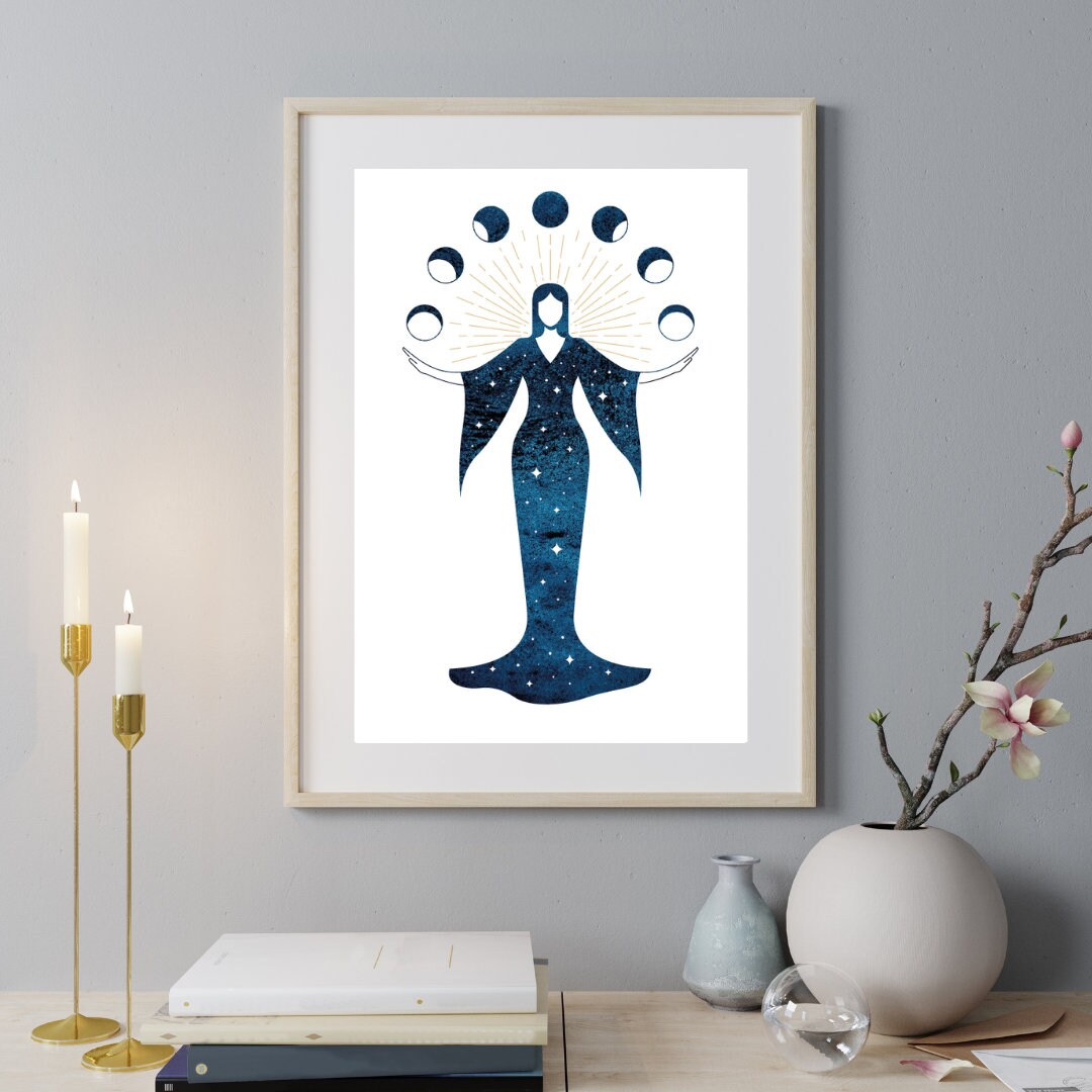Mystical Celestial Moon Goddess Wall Art Print, Cosmic Moon Magic Wall ...
