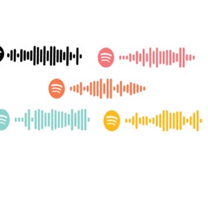 May include: Four different versions of the Spotify logo with a sound wave graphic. The logos are black, pink, orange, and yellow.