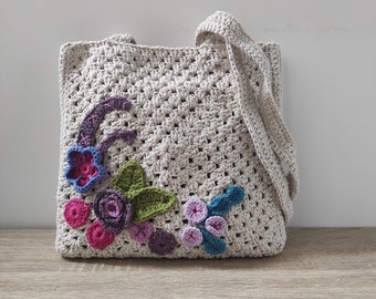 Handmade Crochet Bag with 3D Flowers, Cotton Crochet Bag, Lined Crochet Bag, Medium Size Shoulder Bag, Unique Crochet Bag,