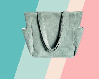 Corduroy Side Pocket Tote Bags, Handmade Large Tote Bag