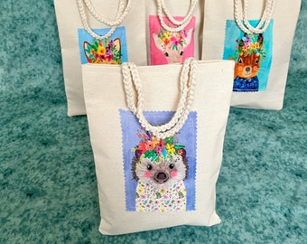 Bolsas de fiesta de algodón con estampado animal, bolsas de regalo de fiesta hechas a mano, bolsas de regalo para niños, bolsas de fiesta ecológicas