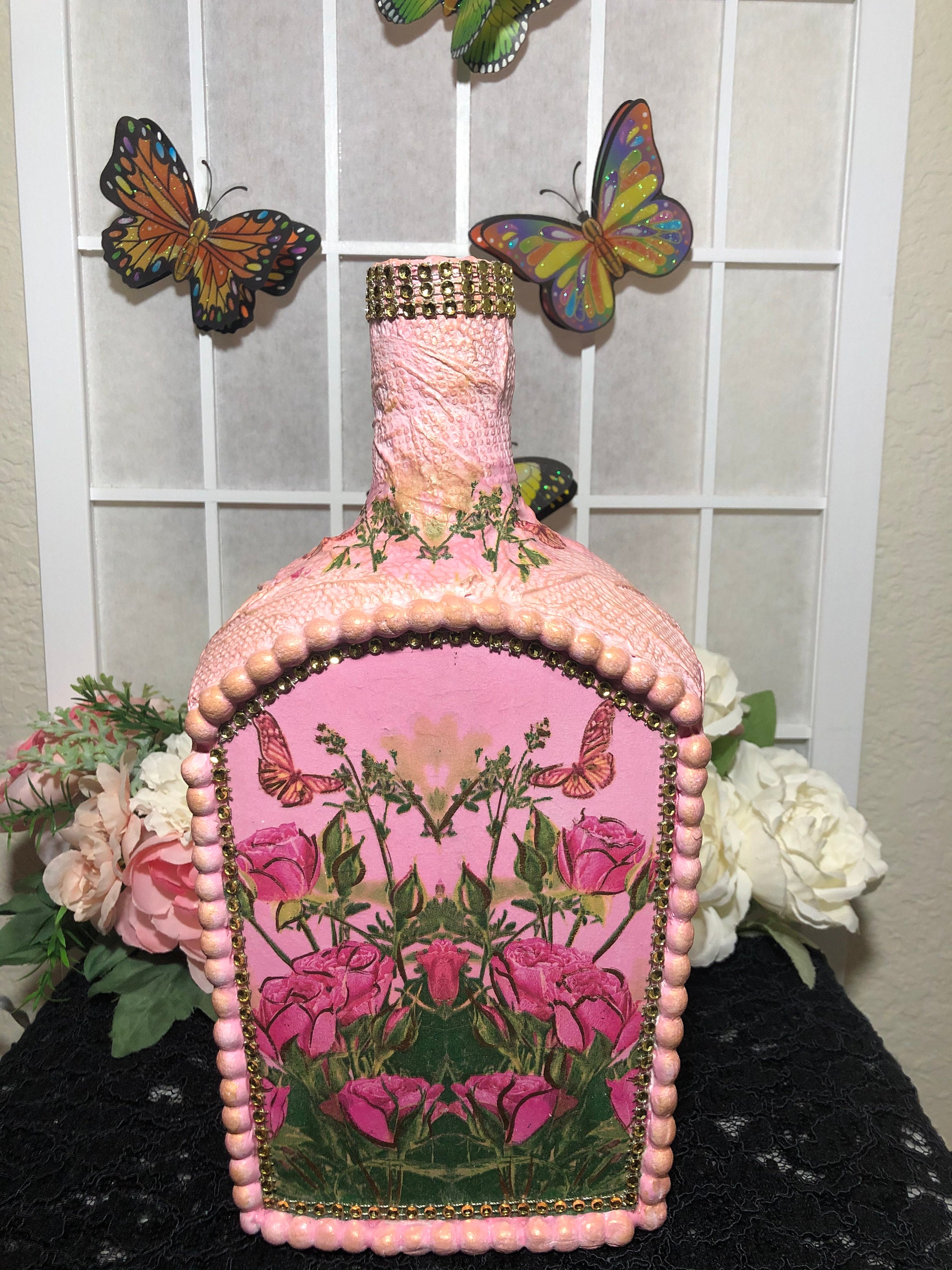 Decorative Pink Glass Bottle with roses and butterflies art Etsy