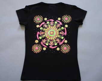 Psychedelic Black T-Shirt/ Women Psy Clothing/  UV Active Print/ Screen Printed Shirt/ Glow in the dark/ Sacred geometry