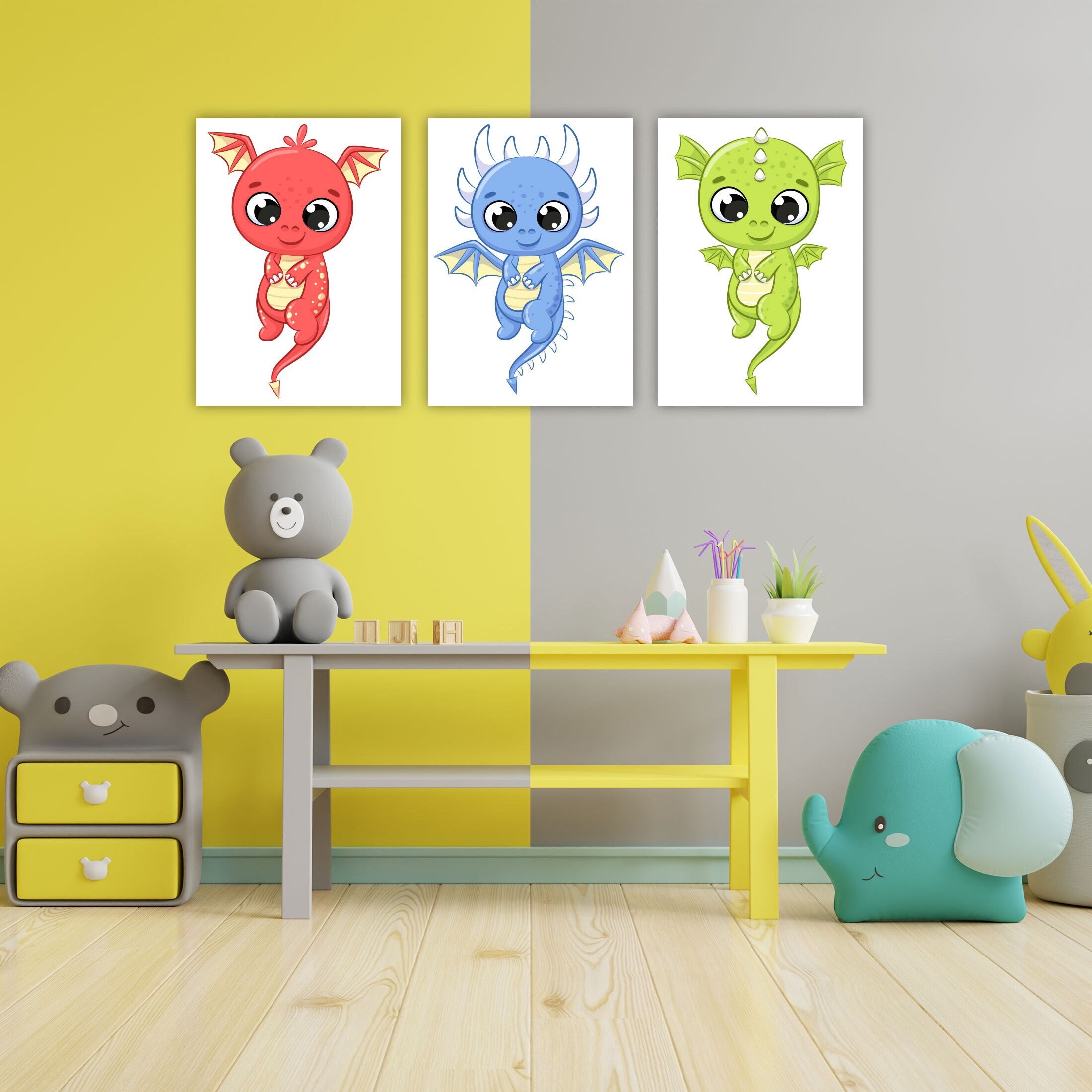 Dragons Nursery Decor Kids Room Wall Art Colorful Dragon Etsy