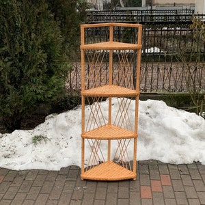 wicker corner shelf, corner shelves, wicker shelf, rattan furniture, rattan etagere, mid century shelf, book shelf, wicker shelving unit,