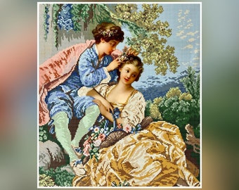 Könnte beinhalten: Ein Gemälde, das ein Paar in einer Gartenlandschaft zeigt. Die Frau trägt ein gelbes Kleid und eine Blumenkrone. Der Mann trägt ein blaues und rosa Outfit und legt ihr eine Blume ins Haar.