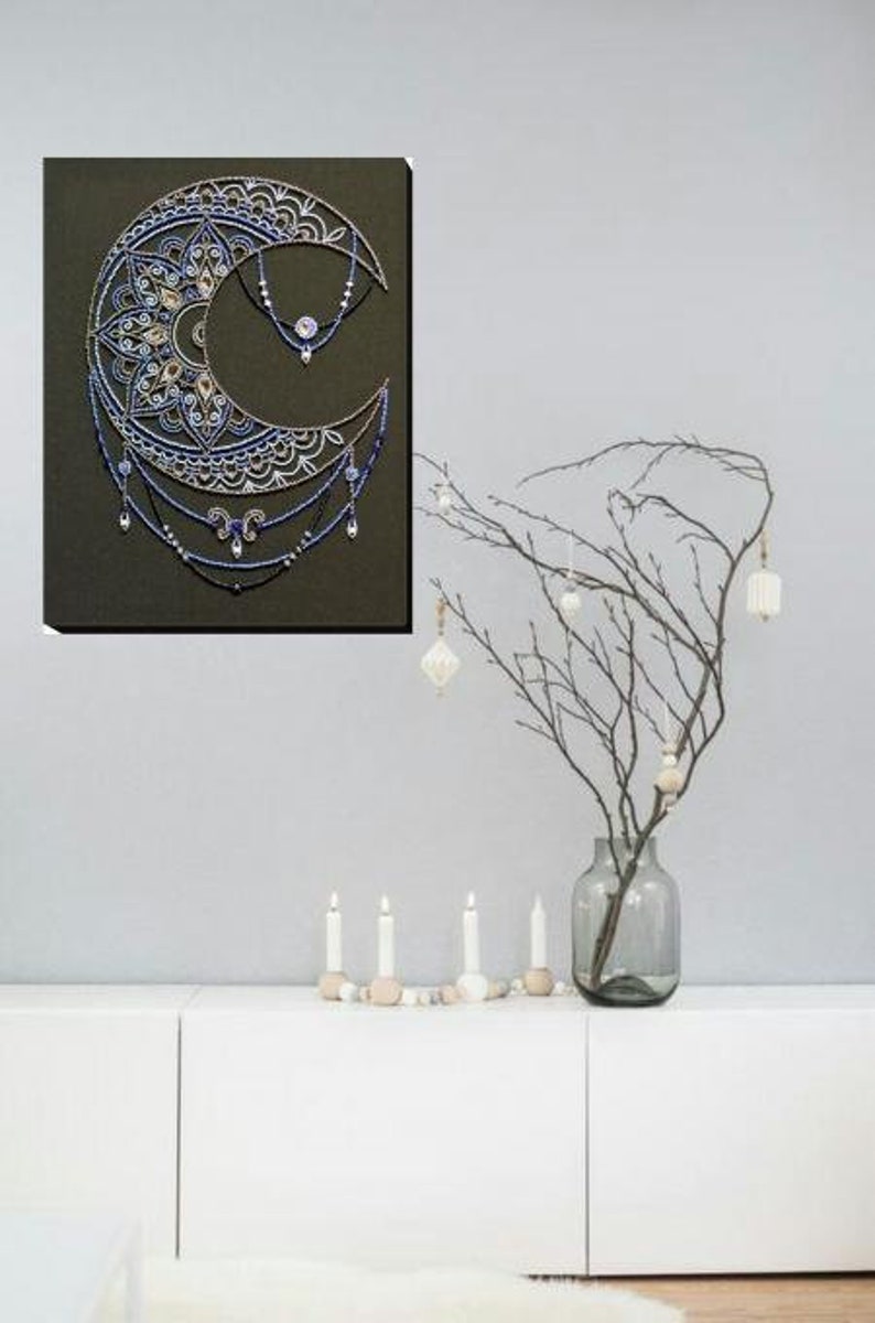 Bead embroidery kit Moon, abstract beaded cross stitch kit, easy embroidery craft set image 6