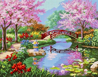 Full coverage beaded cross stitch kit, Large Bead embroidery kit, landscape beaded picture kit