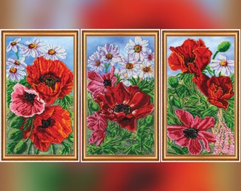 Large Beaded cross stitch picture kit floral pattern, Poppy flowers DIY bead embroidery kit