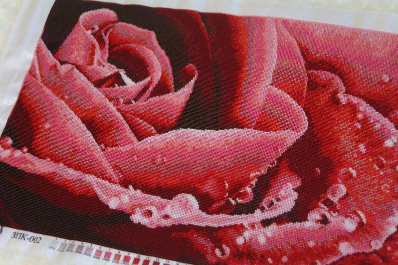 Large beaded cross stitch picture kit floral pattern, DIY Bead embroidery craft kit red rose image 4