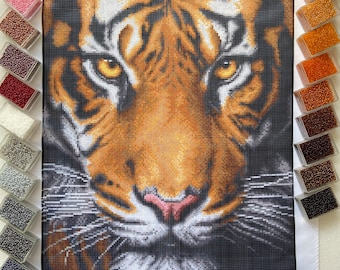 Full coverage Bead embroidery kit Tiger, large Beaded cross stitch picture kit