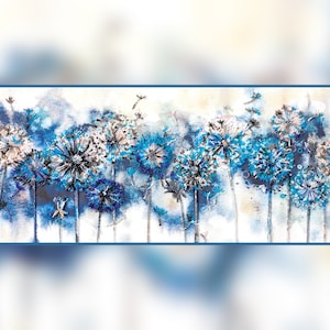 May include: A watercolour painting depicting a field of blue and white dandelions. The dandelions are at different stages of bloom, with some having their seeds dispersed in the wind. The background is a soft blue and white.